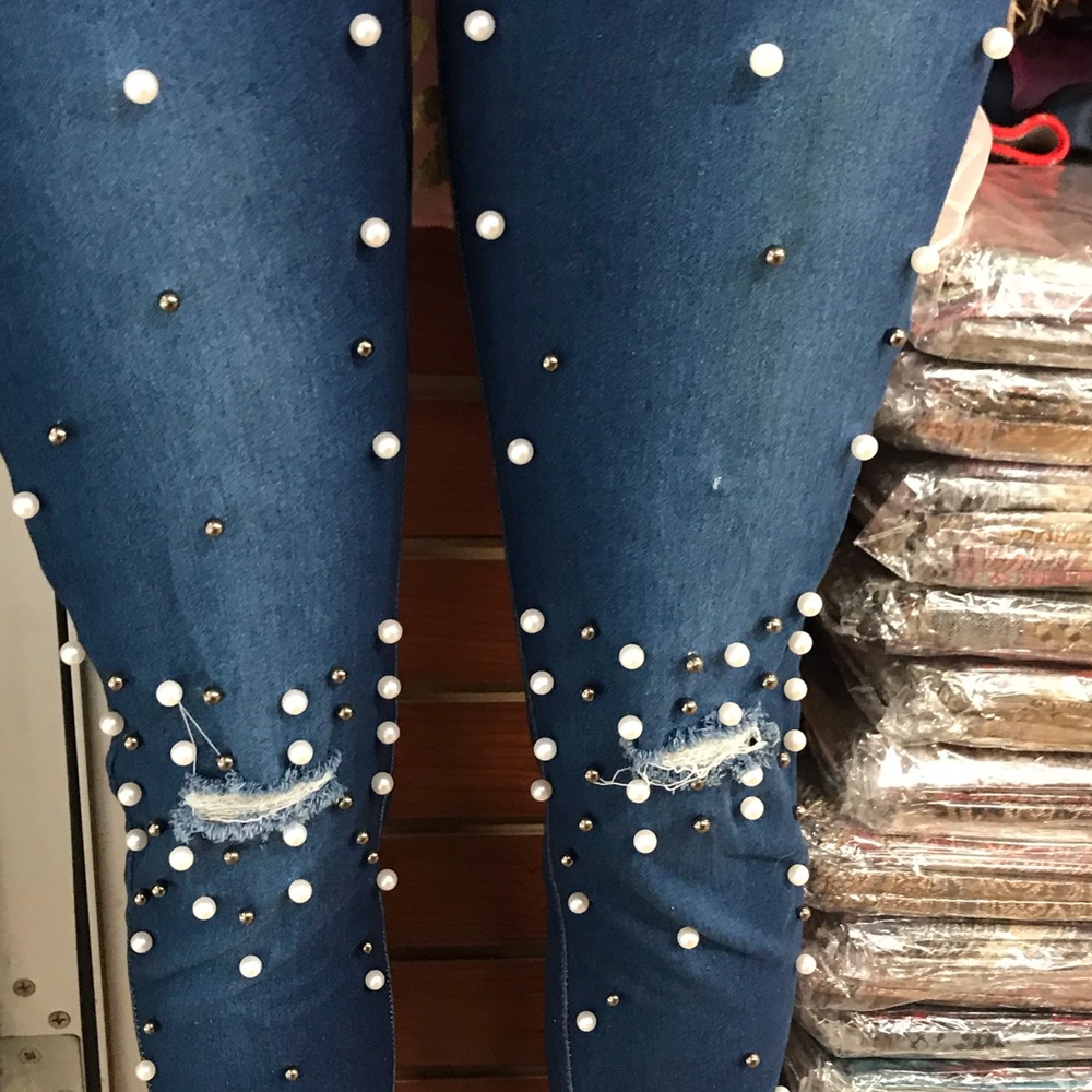 Brand new blue jean leggings with pearls